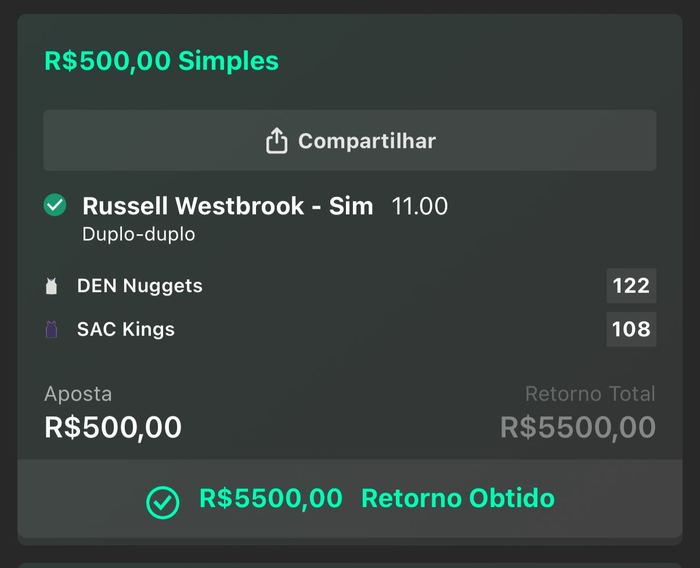 Bilhete: R$ 500 viraram R$ 5.500, odd 11.00